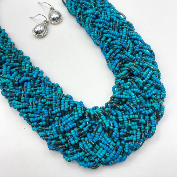 Seed Bead Necklace Wide Braided Artisan Made Blue Green - Picture 6 of 8